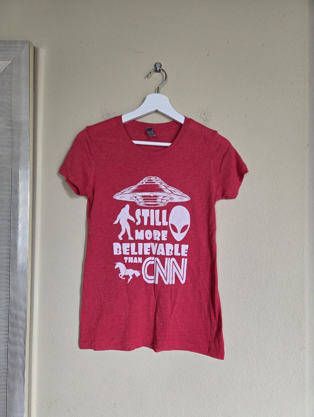 Red Graphic Tee with White Alien UFO Print Funny Humor Meme
